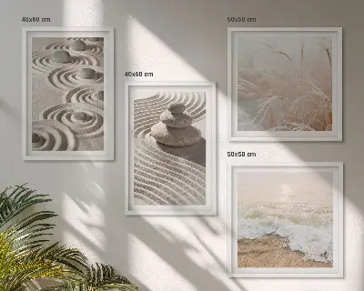 Wall art set waves, sand, water, stones, and beach scenery