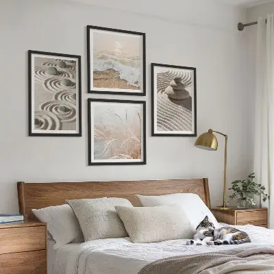 Wall art set waves, sand, water, stones, and beach scenery