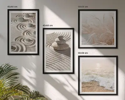 Wall art set waves, sand, water, stones, and beach scenery