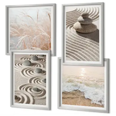 Wall art set waves, sand, water, stones, and beach scenery