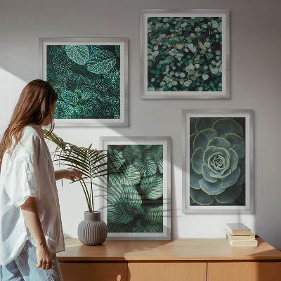 Set of 4 wall art pieces Green succulent leaves