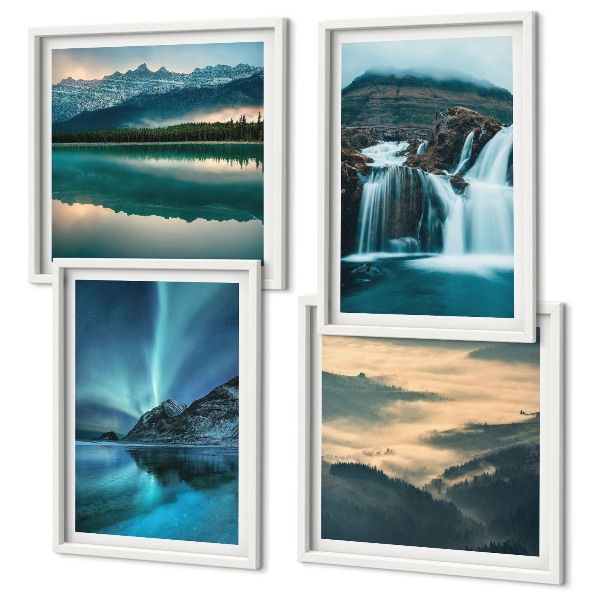 Set of 4 wall art pieces Winter landscapes waterfalls aurora