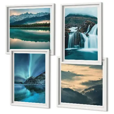 Set of 4 wall art pieces winter landscapes with waterfalls and aurora