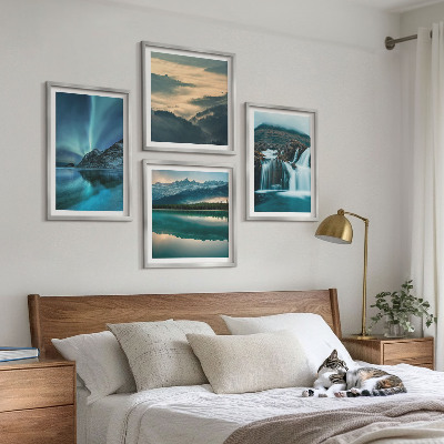 Set of 4 wall art pieces Winter landscapes waterfalls aurora