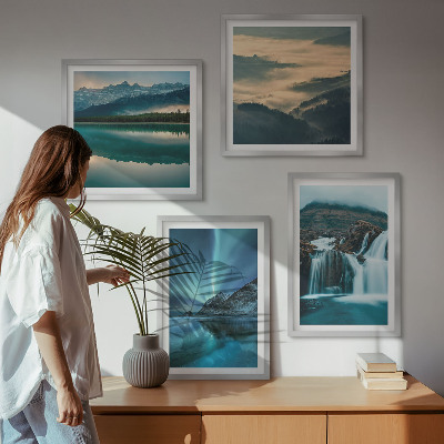 Set of 4 wall art pieces Winter landscapes waterfalls aurora
