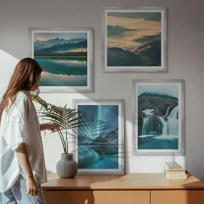 Set of 4 wall art pieces winter landscapes with waterfalls and aurora