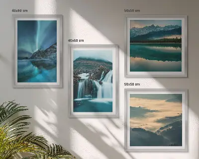 Set of 4 wall art pieces winter landscapes with waterfalls and aurora