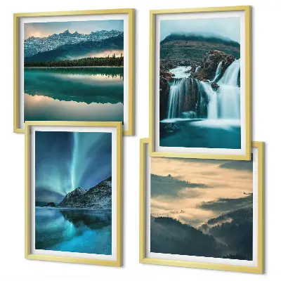 Set of 4 wall art pieces winter landscapes with waterfalls and aurora