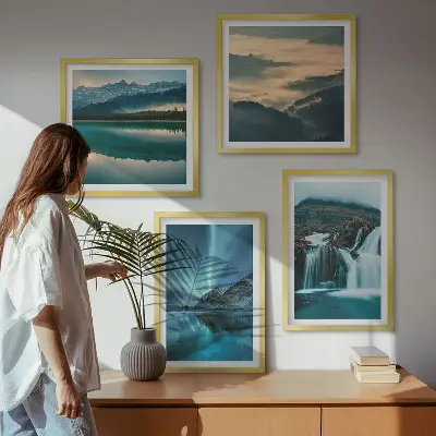 Set of 4 wall art pieces winter landscapes with waterfalls and aurora