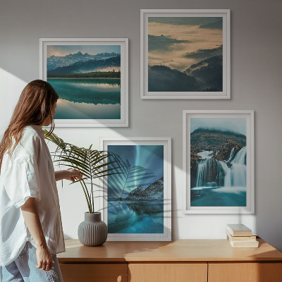 Set of 4 wall art pieces Winter landscapes waterfalls aurora