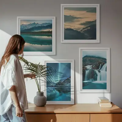 Set of 4 wall art pieces winter landscapes with waterfalls and aurora