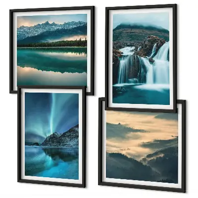 Set of 4 wall art pieces winter landscapes with waterfalls and aurora