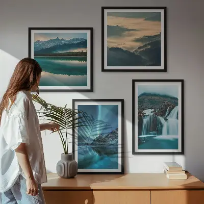 Set of 4 wall art pieces winter landscapes with waterfalls and aurora