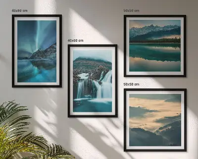 Set of 4 wall art pieces winter landscapes with waterfalls and aurora
