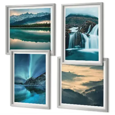 Set of 4 wall art pieces winter landscapes with waterfalls and aurora