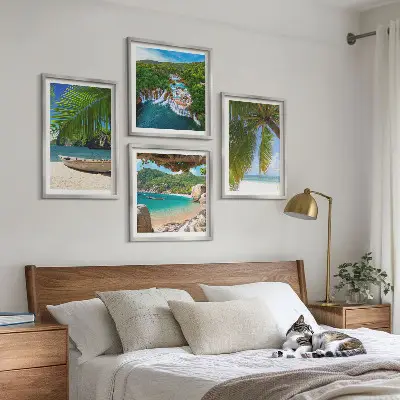 Multi-piece wall art set featuring beach, boat, waterfalls, and palm trees