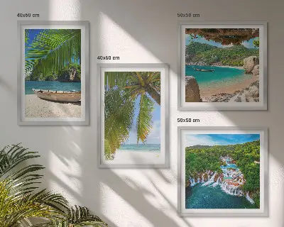 Multi-piece wall art set featuring beach, boat, waterfalls, and palm trees