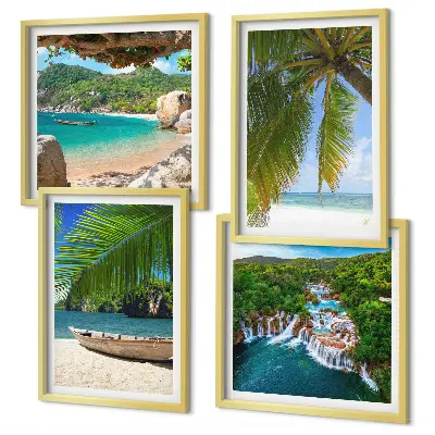 Multi-piece wall art set featuring beach, boat, waterfalls, and palm trees