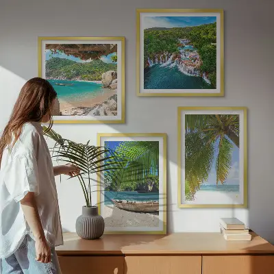 Multi-piece wall art set featuring beach, boat, waterfalls, and palm trees