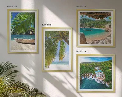 Multi-piece wall art set featuring beach, boat, waterfalls, and palm trees