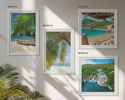 Multi-piece wall art set featuring beach, boat, waterfalls, and palm trees
