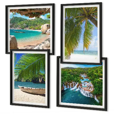 Multi-piece wall art set featuring beach, boat, waterfalls, and palm trees
