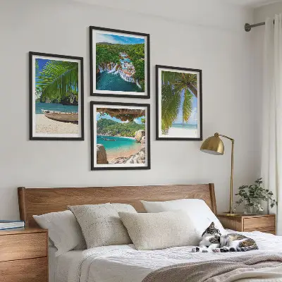 Multi-piece wall art set featuring beach, boat, waterfalls, and palm trees