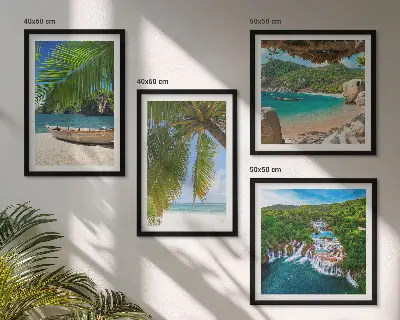 Multi-piece wall art set featuring beach, boat, waterfalls, and palm trees