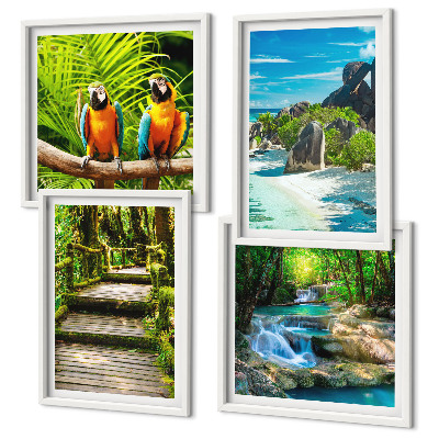 Set of 4 wall art pieces Tropical forest parrot waterfall