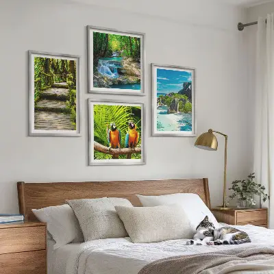 Tropical forest parrot and waterfall wall art set of 4 pieces