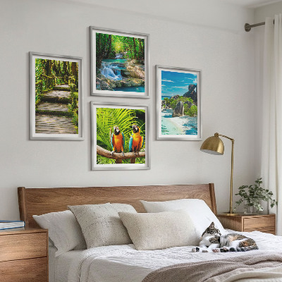 Set of 4 wall art pieces Tropical forest parrot waterfall