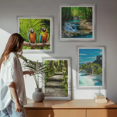 Tropical forest parrot and waterfall wall art set of 4 pieces