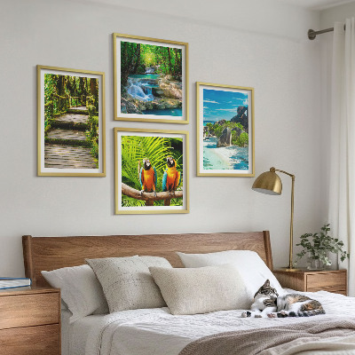 Set of 4 wall art pieces Tropical forest parrot waterfall