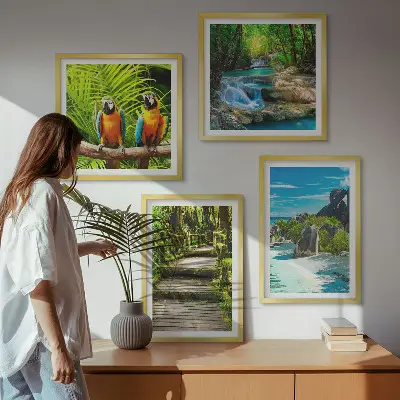 Tropical forest parrot and waterfall wall art set of 4 pieces