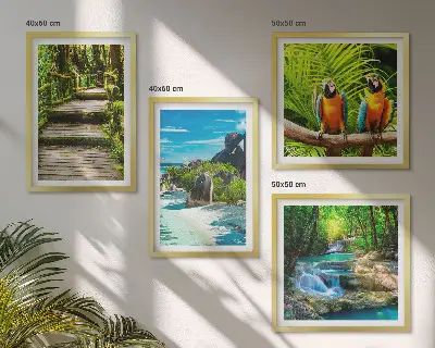 Tropical forest parrot and waterfall wall art set of 4 pieces