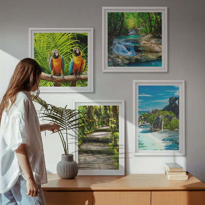 Set of 4 wall art pieces Tropical forest parrot waterfall