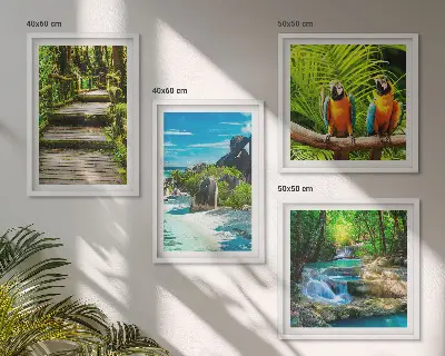 Tropical forest parrot and waterfall wall art set of 4 pieces