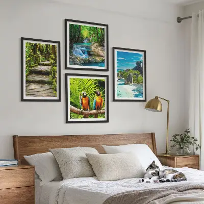 Tropical forest parrot and waterfall wall art set of 4 pieces