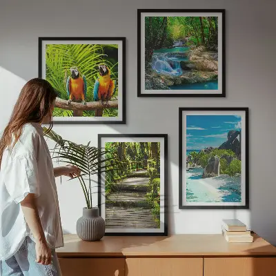 Tropical forest parrot and waterfall wall art set of 4 pieces