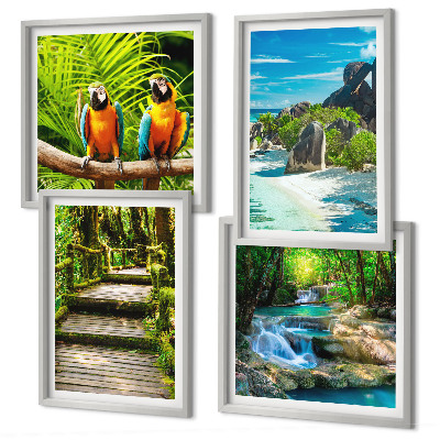 Set of 4 wall art pieces Tropical forest parrot waterfall