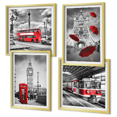 Wall art set with red accents London theme