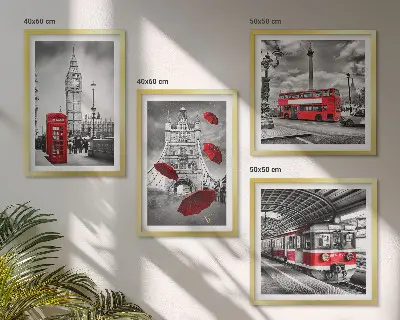 Wall art set with red accents London theme