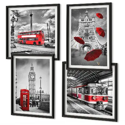 Wall art set with red accents London theme