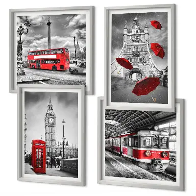Wall art set with red accents London theme