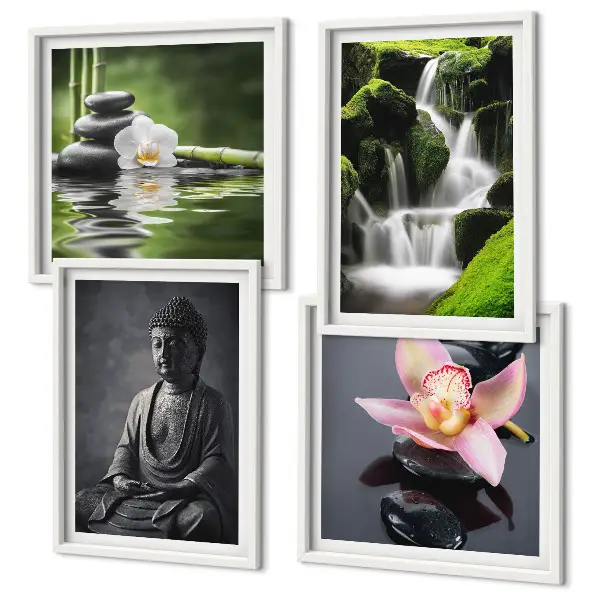 Multi-piece wall decor set featuring a Zen theme with water, stones, and Buddha