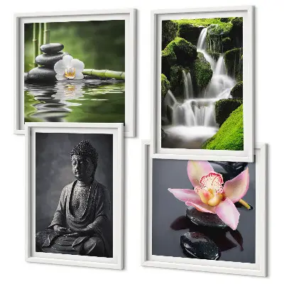 Multi-piece wall decor set featuring a Zen theme with water, stones, and Buddha
