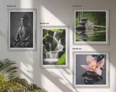 Multi-piece wall decor set featuring a Zen theme with water, stones, and Buddha