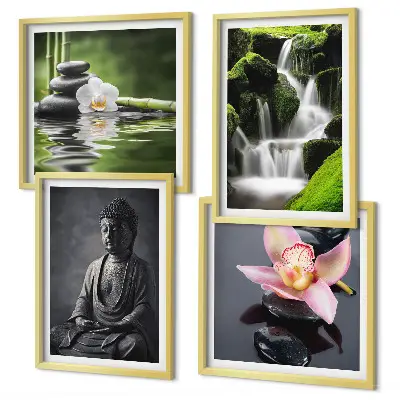 Multi-piece wall decor set featuring a Zen theme with water, stones, and Buddha