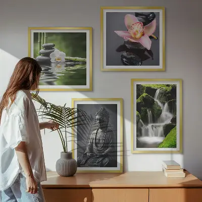 Multi-piece wall decor set featuring a Zen theme with water, stones, and Buddha