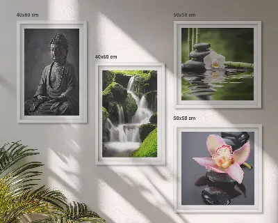 Multi-piece wall decor set featuring a Zen theme with water, stones, and Buddha
